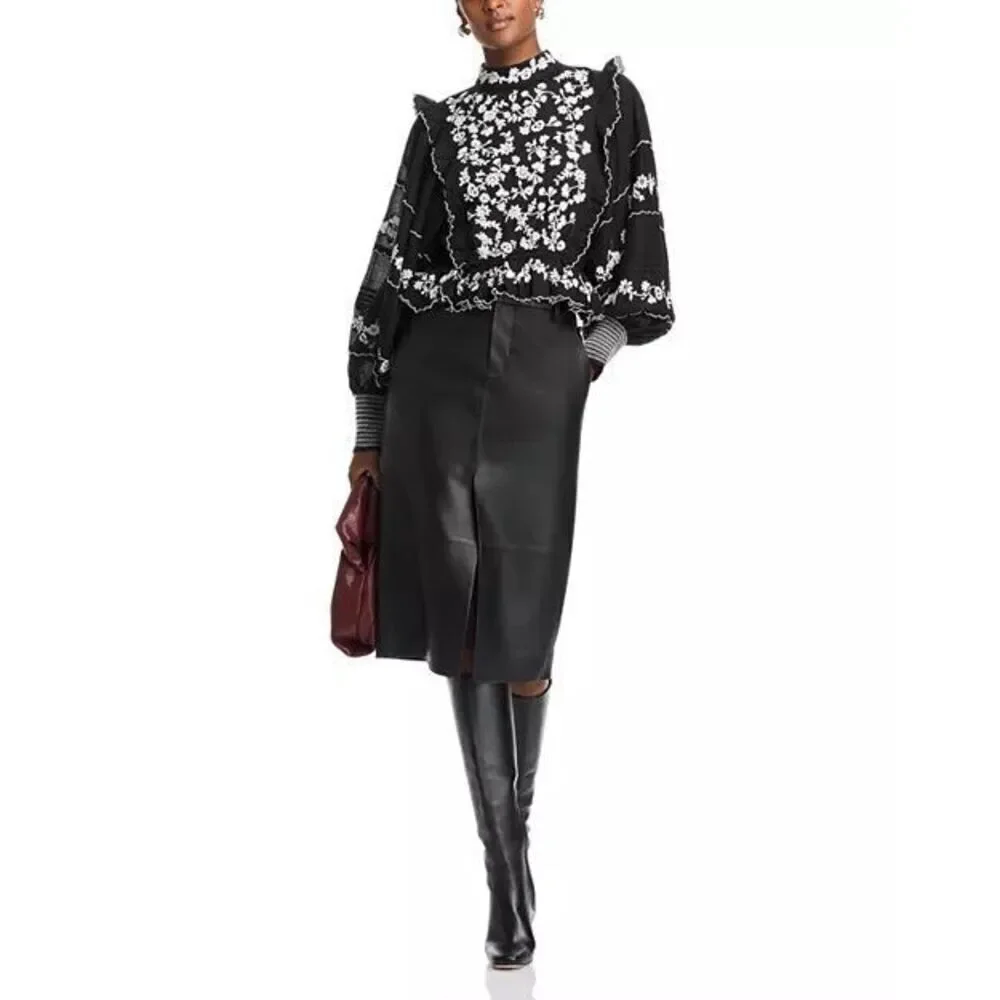Farm Rio Women's Black White Embroidered Ruffle Long Sleeve Blouse Small NWOT